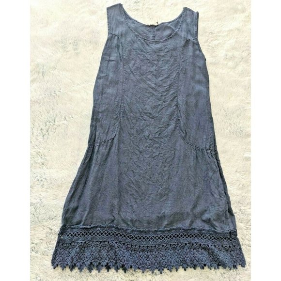 Lungo L'Arno Dresses & Skirts - Lungo L'Arno Dress Small 100% Linen Sleeveless Crochet Trim Made in Italy BLUE